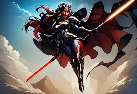 safe_pos, score_9,score_8_up,score_7_up,score_6_up,score_5_up, "Create an action-packed, anime-style poster of a fierce female Zabrak Sith Lord from the Star Wars universe. She has red skin with intricate Sith tattoos, glowing yellow eyes, and long, sharp horns crowning her head. She's in a dynamic pose, leaping through the air with her crimson lightsaber ignited, cutting through sparks and smoke. Her dark, flowing robes and battle armor cling to her toned body, blending seductive allure with lethal power. In the background, a stormy sky filled with lightning highlights an intense battle, with distant starships and explosions framing the chaos. The scene radiates both elegance and brutality, evoking the epic scale of a movie poster, with movie credits and multiple people, movie poster,"