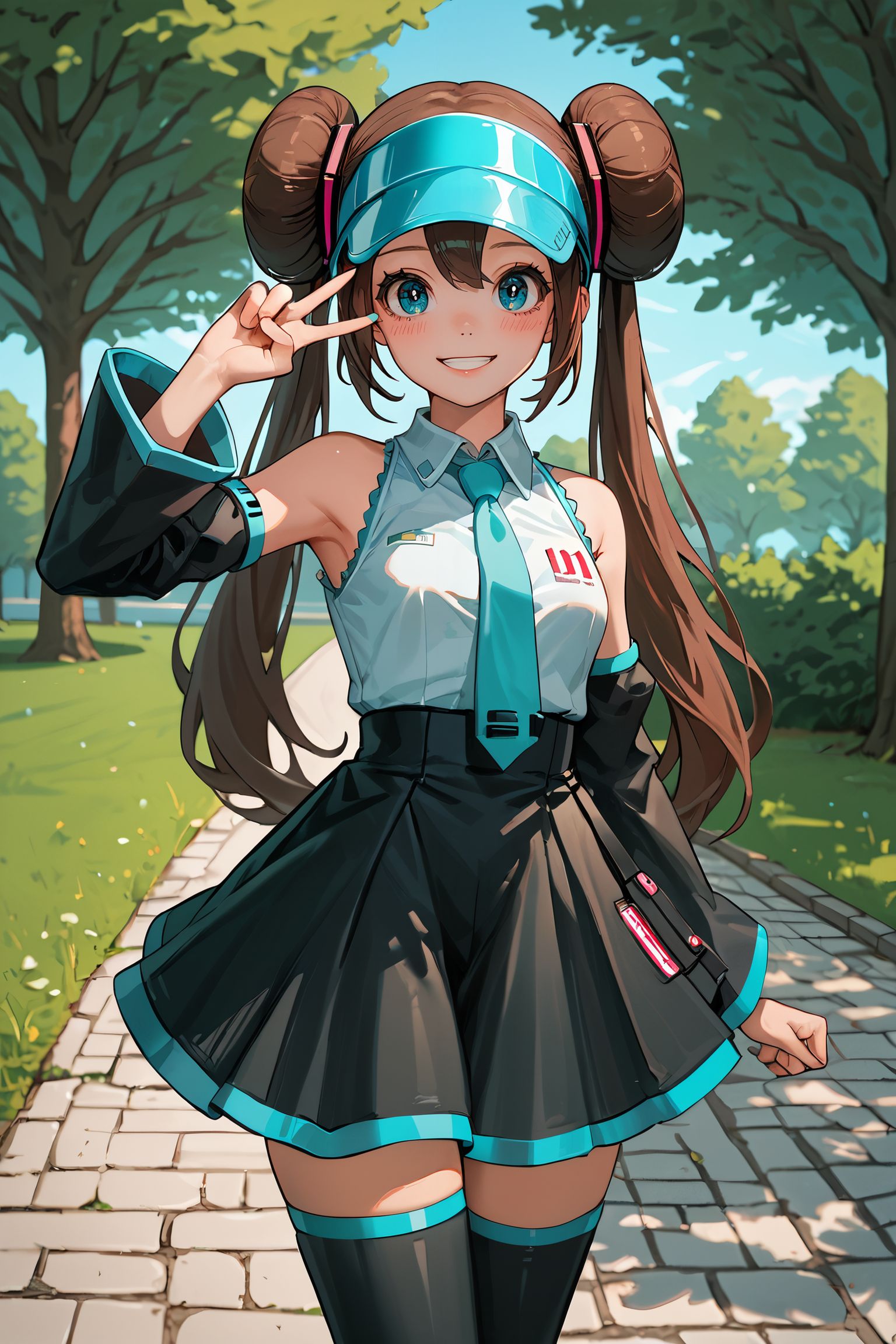 zPDXL3, <lora:Rosa_Pony:.8>
rosa, woman, blue eyes, visor, cap, brown hair, hair buns, twintails, detached sleeves, aqua tie, black skirt, black thighhighs, collared shirt, looking at viewer, smiling, peace sign, hatsune miku cosplay, outside, park, stone path, trees, sunny,