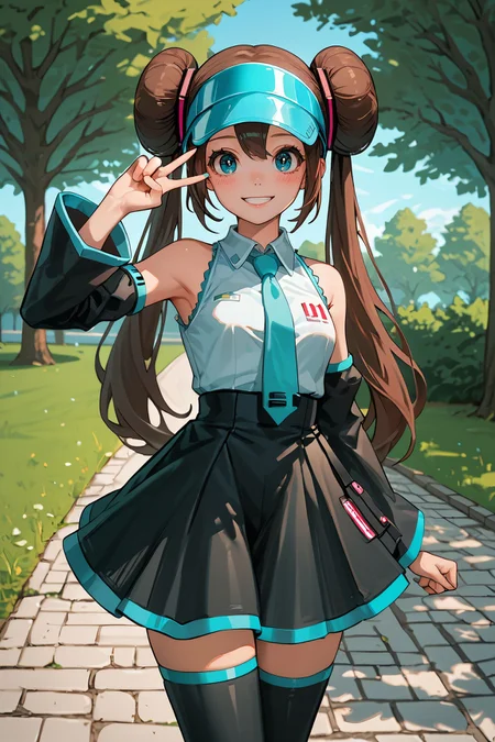 zPDXL3, <lora:Rosa_Pony:.8>
rosa, woman, blue eyes, visor, cap, brown hair, hair buns, twintails, detached sleeves, aqua tie, black skirt, black thighhighs, collared shirt, looking at viewer, smiling, peace sign, hatsune miku cosplay, outside, park, stone path, trees, sunny,