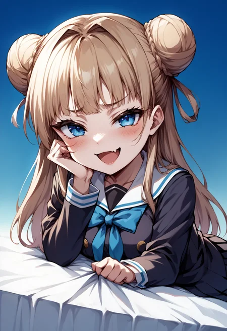 score_9, score_7_up, source_anime, uncensored, zPDXLxxx, <lora:intricate_details:1> intricate_details_xl, simple background, gradient background, blue background, cowboy shot,
1girl, solo, adult, alternate hair color, double bun, long hair, blue eyes, looking at viewer, Culottes, <lora:Mesugaki_Concept_v1.1:1> mesugaki, smug, skin fang, on stomach