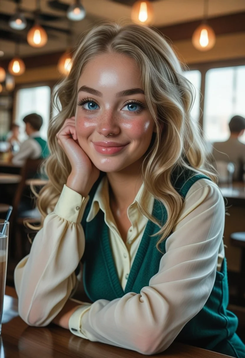 score_9, score_8_up, score_7_up, Freckles, Natural skin, zPDXL3 , 18 years old, 1 woman, young woman, beige tight longsleeve, outerwear, green vest, green leggings, blonde, chin "like Jolie", medium breasts, hairstyle "loose hair", long hair, freckles on the face, beautiful face, beautiful eyes, breasts 3 sizes, tanned skin, bright blue eyes, expressive look, big lips, light smile, delicate blush, dimples on cheeks, long thick eyelashes, (((very thin body))), perfect tits, porous skin, shiny skin, perfect body, front shooting, movie shot, surround lighting, sitting on on a chair in a cafe, opposite sits a girl, brunette, cute, pretty face, nose piercing,