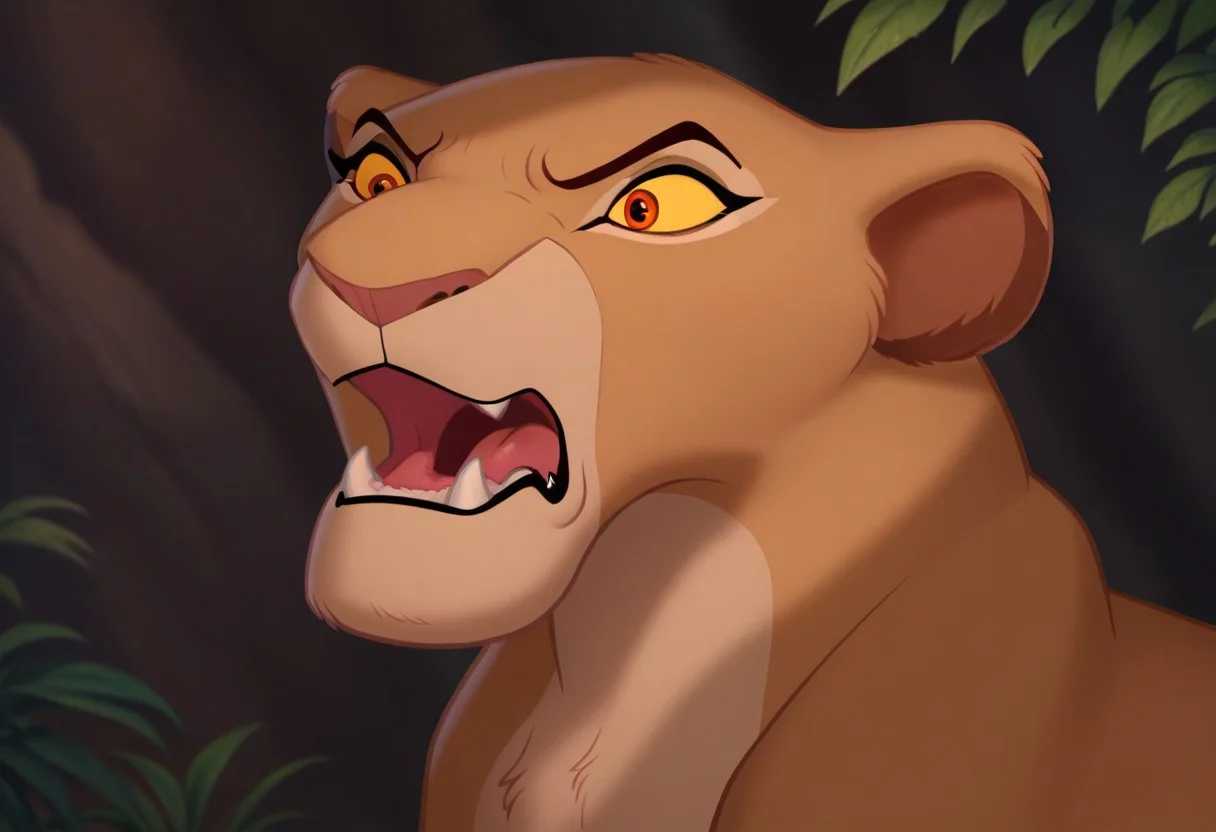 score_9, score_8_up, score_7_up, score_6_up, high quality, best quality, masterpeace, highly detailed, high detail, solo, Furry, feral, female, lioness, Sarabi, orange eyes, yellow sclera, opened month, roaring, angry, in the jungle,