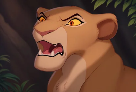 score_9, score_8_up, score_7_up, score_6_up, high quality, best quality, masterpeace, highly detailed, high detail, solo, Furry, feral, female, lioness, Sarabi, orange eyes, yellow sclera, opened month, roaring, angry, in the jungle,