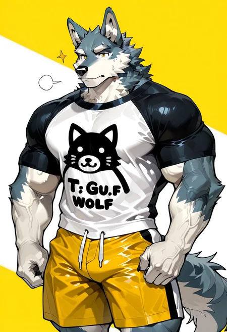 animal ears, muscular furry, furry, Clothes, PG, T-shirt, Shorts, bara, wolf ears