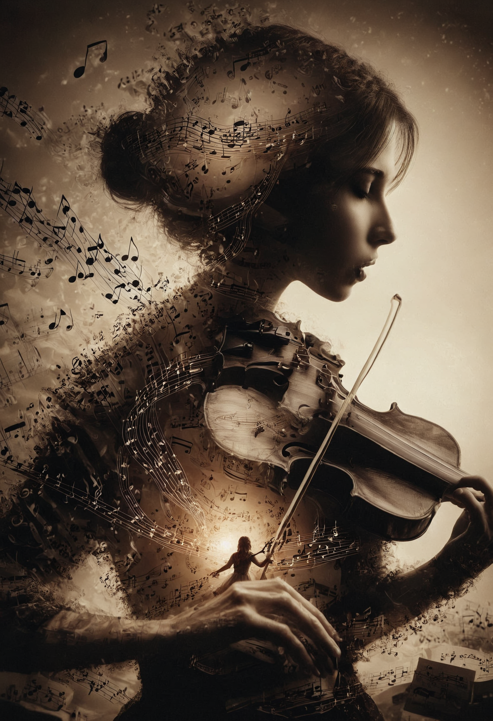 Darkness vs light in music notes merging in Silhouette of a girl blending, surreal, beautiful, (music in the air:1.1), (glowing music notes:1.1), beautiful detailed scenery, double exposure, crisp lines, <lora:DoubleExposure:1>,
