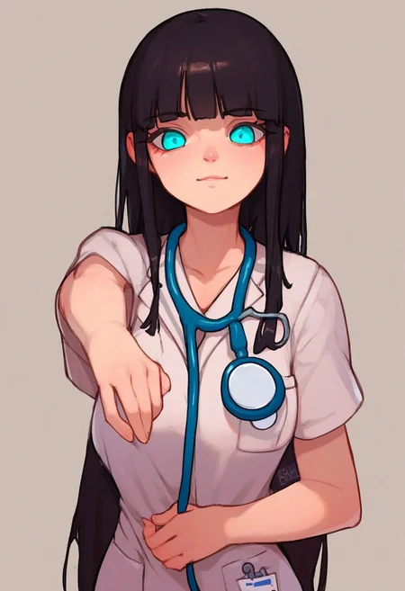 score_9, score_8_up, score_7_up, score_6_up, score_5_up, score_4_up, source_anime BREAK
Solo, 1girl, nurse, cyan eyes, black hair, long hair, looking at viewer, doctor uniform, stethoscope