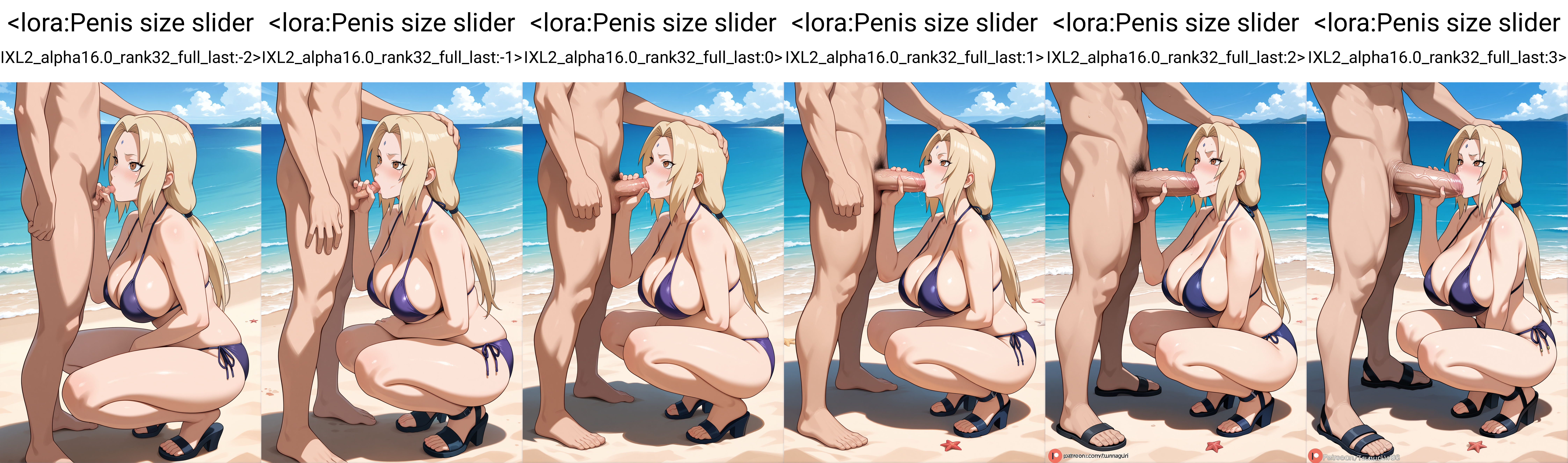 masterpiece, best quality,  1girl, tsunade \(naruto\), fellatio, squatting, 1boy, penis, beach, bikini,    <lora:Penis size slider IXL2_alpha16.0_rank32_full_last:-2>