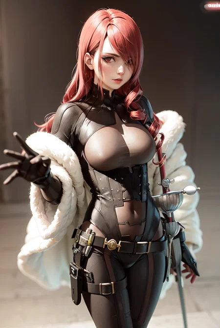 (masterpiece, best quality:1.1), 1girl, mature, mitsuru kirijou, persona 3, bodysuit, red eyes, solo, long hair, red hair, hair over one eye, large breasts, belt, gun, holster, framed breasts, red rapier, white fur coat, simple background <lora:MITSURU-10:0.9>