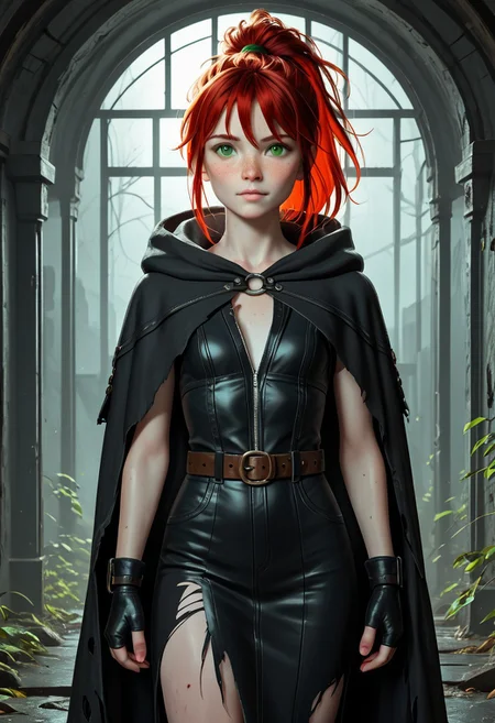 1girl, Masterpiece, 8k, ultra high detail, score_7 up,
volumetric lighting, vivid colors, vibrant colors, score_8_up, score_9, small breast size, sporty red ponytail hair, fcNeg, stunning green eyes, freckles, white skin, small nose, innocent beauty, slim face, cute face, skinny body, perfect body, extreme detailed body, intence green eyes, perfect face, ultra high detailed face, perfect eyes, petite,
Face fokus, fokus on face,
Leather wasteland warrior clothes, dark tattered cloak violently thrashing, dark long torn cloak with hood down, dark hood down,
w4stel4nd3r, fingerless gloves, belt, torn clothes, 2 different leather long skirts,
d3t41l3d, zPDXL3,
Inside old bunker, dark corridor, Post Apocalyptic
