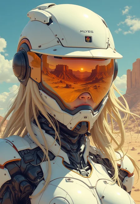 in the style of ck-mgs, nistyle, Silhouette Art, magnificent, closeup portrait of stunning japanese femlae sci-fi soldier, blonde hair, helmet with a tinted mirrored visor reflecting a dusty arid landscape, white power armour