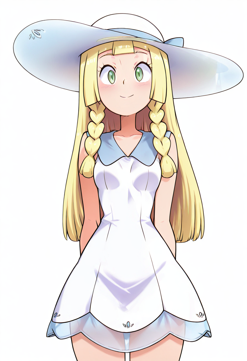(masterpiece, best quality, good quality, very aesthetic, absurdres, newest:1.2),    medium breasts, (curvy),  ,,, BREAK, zzLillie, long hair, braid, sun hat, white headwear, collarbone, sleeveless dress, white dress, <lora:LilliePokemon_NAI:1.0>,BREAK,  smile, looking at viewer, cowboy shot,    ,<lora:TobiaswhellerNAI:1.0>,