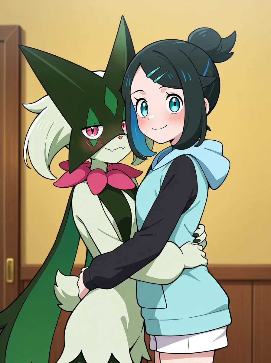 masterpiece, best quality, amazing quality, very aesthetic, absurdres, newest, anime screenshot, anime coloring , <lora:LikoMegaVoltage:1>likomega, 1girl, hair ornament, hairclip, solo, smile, shorts, black hair, white shorts, blue hair, blush, black sleeves, long sleeves, single hair bun meowscarada, side-by-side, smile, hug,2girls