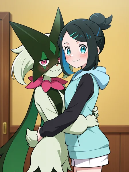 masterpiece, best quality, amazing quality, very aesthetic, absurdres, newest, anime screenshot, anime coloring , <lora:LikoMegaVoltage:1>likomega, 1girl, hair ornament, hairclip, solo, smile, shorts, black hair, white shorts, blue hair, blush, black sleeves, long sleeves, single hair bun meowscarada, side-by-side, smile, hug,2girls