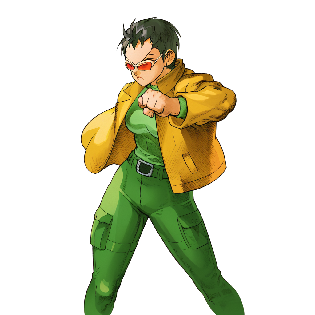 MVC2style, simple background, white background, upper body,1girl,yellow jacket, green shirt, green pants, fighting stance,short black hair, sunglasses, <lora:MVC2Style_SDXL-000005:1.0>
