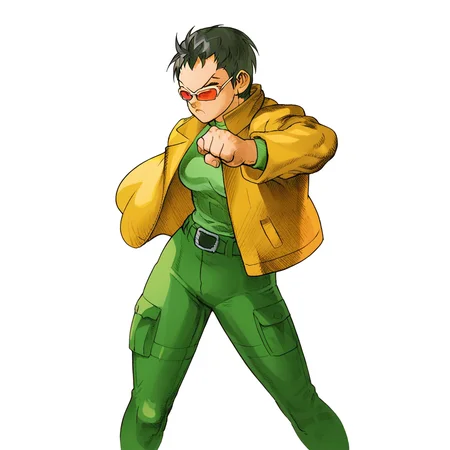 MVC2style, simple background, white background, upper body,1girl,yellow jacket, green shirt, green pants, fighting stance,short black hair, sunglasses, <lora:MVC2Style_SDXL-000005:1.0>