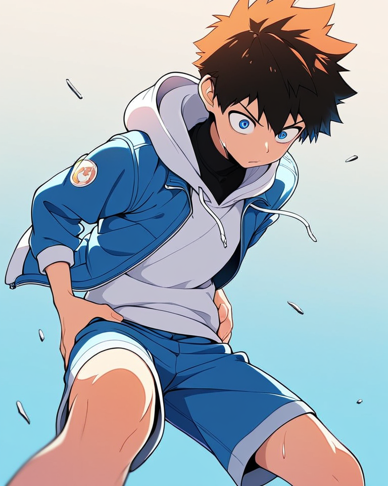 masterpiece, best quality, amazing quality, 1boy, solo, masterpiece, best quality, dynamic action,  <lora:Finn-000009:1>, (finn), t-shirt, hands on waist , boy, 19y.o., blue jacket, white hoodie, black turtleneck, blue shorts, fighting