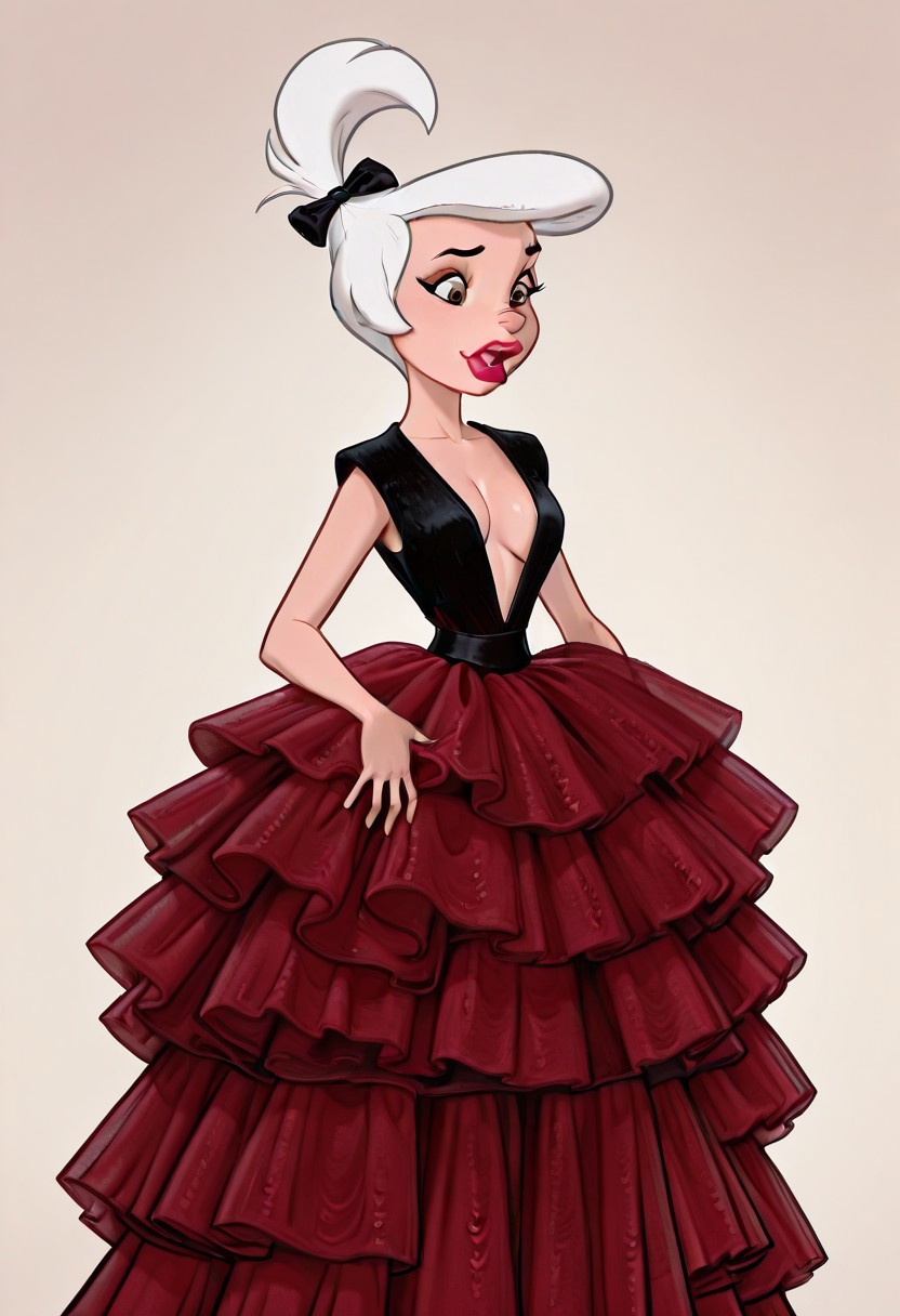 masterpiece, best quality, amazing quality, very aesthetic, high resolution, ultra-detailed, absurdres, 1girl, xjudyx, white hair, hair bow, brown eyes, lipstick, red dress, black top, plunging neckline, layered dress, high-low dress, DISNEY_ANIMATION,