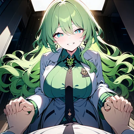 1girl, long hair, looking at viewer, smile, open mouth, blue eyes, large breasts, shirt, long sleeves, 1boy, hair between eyes, jewelry, green eyes, :d, earrings, green hair, necktie, teeth, indoors, grin, coat, holding hands, pov, wavy hair, black necktie, single earring, green shirt, labcoat, white coat, mobius \(honkai impact\)