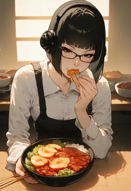 score_9, score_8_up, score_7_up, score_6_up, rating_questionable, 1girl, short hair, bob cut, black hair, black glasses, Asian eyes, black eyes, small breasts, slim, white skin, beautiful lips, street style clothing, HD32k, perspective, relaxed face, (Dining room), headphones, foods, bowls and chopsticks, delicious dishes, dining tables, flower vases, kitchen cabinets,
((Eating:1.3)),
