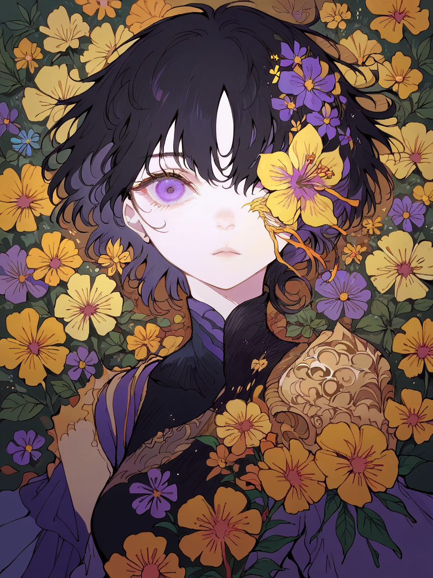 score_9, score_8_up, score_7_up, score_6_up, score_5_up,    <lora:MONXLP:1> mon, flower, 1girl, solo, purple eyes, yellow flower, looking at viewer, black hair, one eye covered, short hair