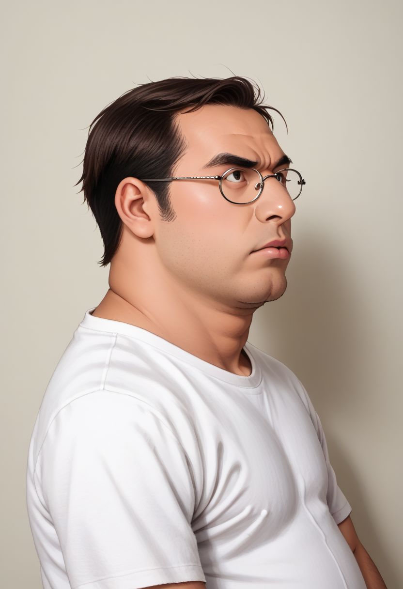 FastNegativeV2, score_7_up, score_8_up, score_9_up,(Portrait), capcom_snk, 1guy, male focus, solo, peter, fat, fat man, traditional media, realistic,, glasses, side profile, white shirt, looking of to the distance, familyguystyle, Chinese traditional style, with an angry expression on his face, serious look, proud posture, CCP, npcp