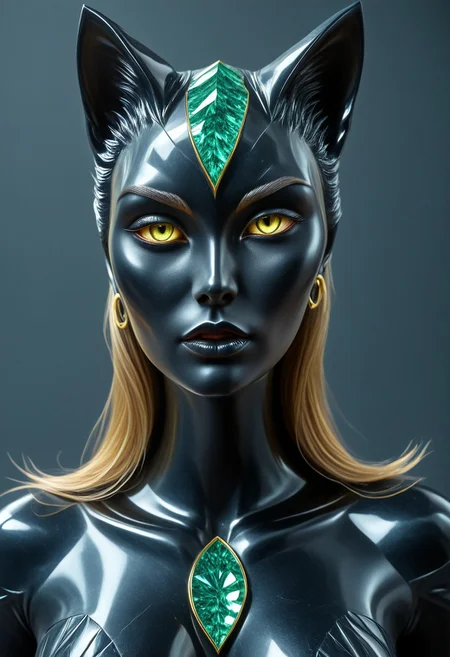 (rp_slgd:2), crystal, crystalized, (crystal world:2), translucent, , Obsidian Jade Style, decorated bar, Cambodian woman, asian features, long hair, huge boobs, massive breasts, small waist, fitness body, toned muscle, wide hips, An extreme photorealistic upper body shot of a cat girl with mesmerizing golden eyes and slit pupils. She has long, flowing two-tone hair, white and black, with striking, unrealistic beauty. Her black lips curve slightly to reveal sharp fangs, and her long fingernails are a key feature of her sleek cat suit. Include tiny imperfections like pores, faint freckles, and slight skin texture variations to add realism. Realistic lip texture with soft lines, slight gloss, and natural color variation. Realistically detailed tear ducts, slightly moist, enhancing the natural appearance of the eyes. Faint, barely visible veins under the eyes, adding depth and authenticity to the skin. Individually rendered eyebrow hairs with natural variation in direction, length, and thickness. Variation in hair strand thickness, with some thinner and finer than others. Detailed texture on the cat suit, showing the weave or material pattern, such as leather, spandex, or velvet. Shadows that move with the character, responding to her position and the light source accurately, 28 YEARS OLD, wrinkles, cat girl, crystal, gem, sparkle, YELLOW EYES, CAT EYES, catgirl, big eyes, black bodysuit and small mask, Symbiote Suit.