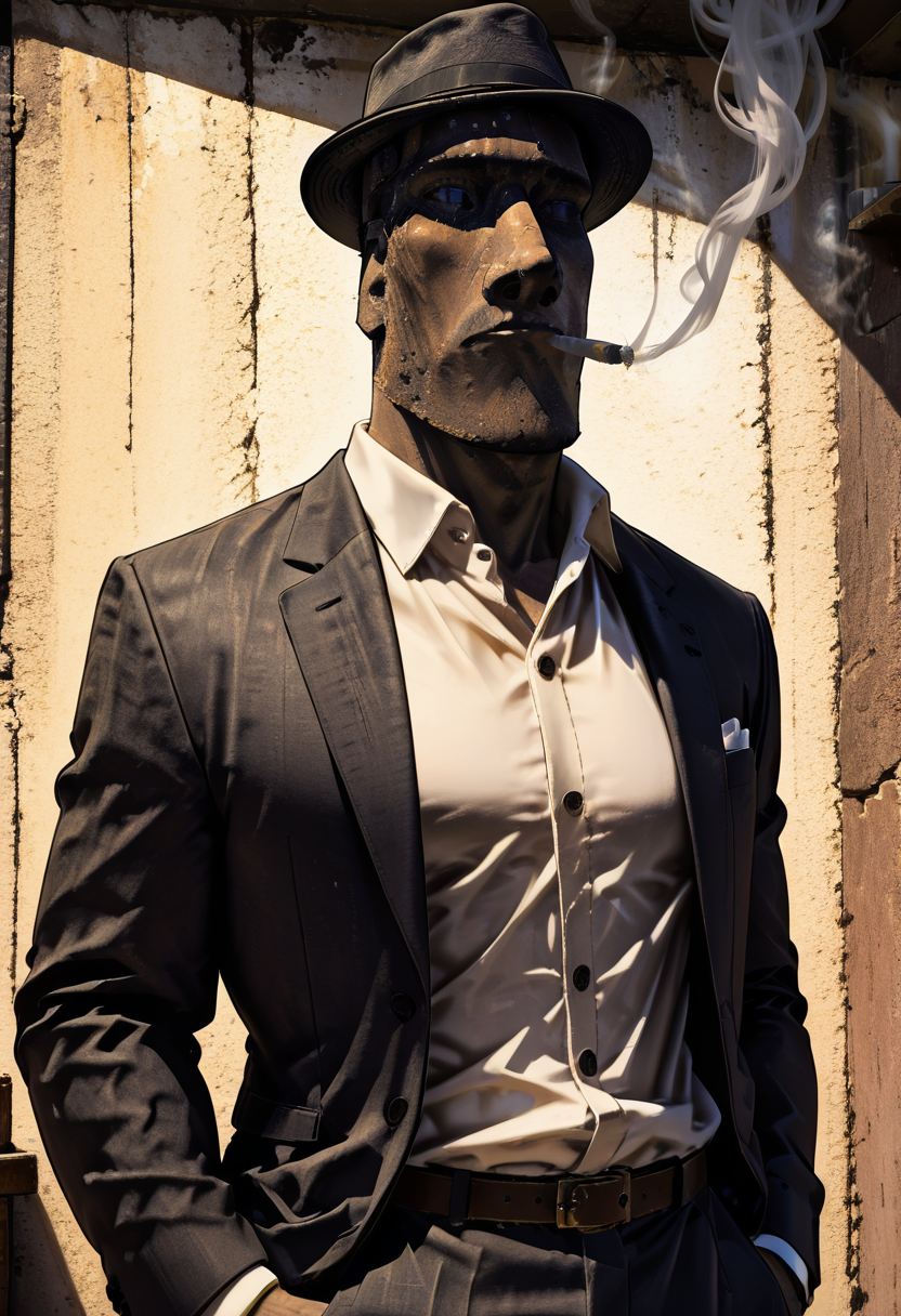 masterpiece, best quality, no humans,   zzMoai, blue eyes, shirt, long sleeves, hat, jacket, white shirt, upper body, male focus, open clothes, collared shirt, belt, pants, open jacket, black jacket, dress shirt, black headwear, facial hair, black pants, formal, suit, smoke, cigarette, hands in pockets, smoking, fedora, cigar  ,<lora:MoaiEasterIsland_IXL:1.0>,