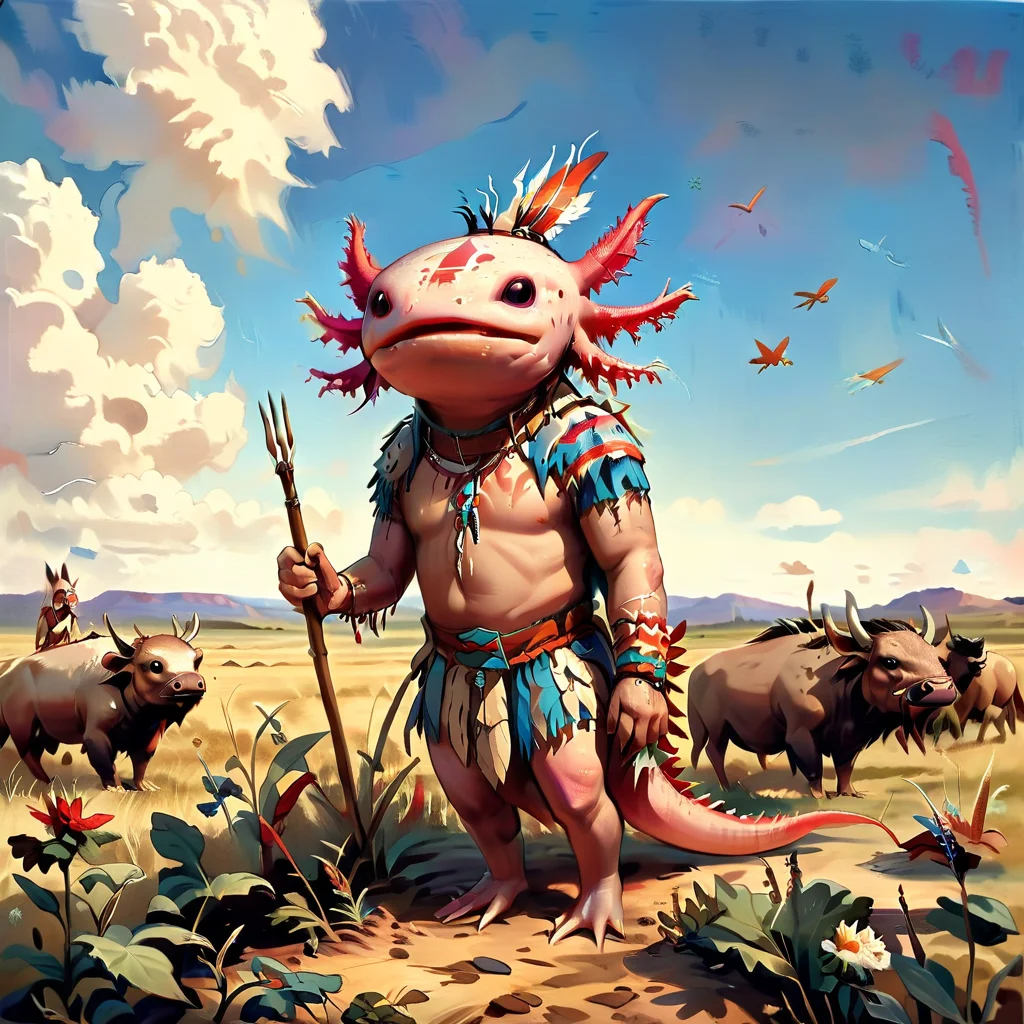 axomodelxl, axolotl dressed as a Native American warrior, standing in a prairie, buffalo in the background
