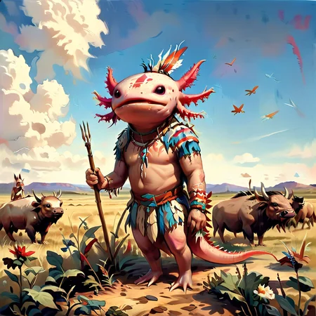axomodelxl, axolotl dressed as a Native American warrior, standing in a prairie, buffalo in the background