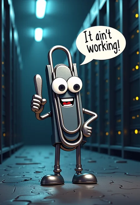 (Clippy, a paperclip with googly eyes), desktop (computing), icon, middle finger
A metal paperclip with googly eyes, (speech bubble "it ain't working, okay?!"),
server background, chaos, broken glass