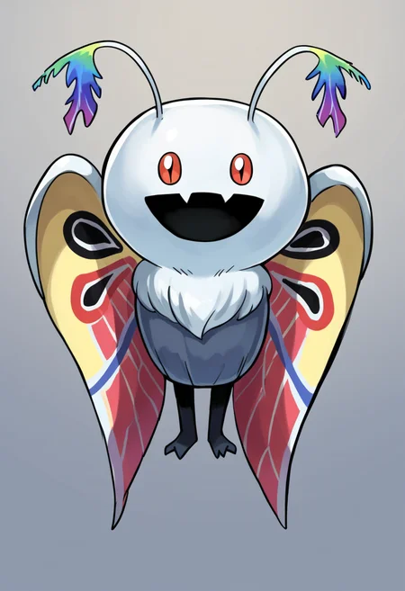 score_9, score_8_up, score_7_up, source_anime, BREAK solo, <lora:Jack-Frost-Maker-pdxl_Fp:0.7>, jackfrostmaker, open mouth, creature, fang, full body, white skin, pokemon \(creature\), <lora:Mothman-pdxl_Fp:1>, mothman, red eyes, antennae, wings, grey skin, chibi