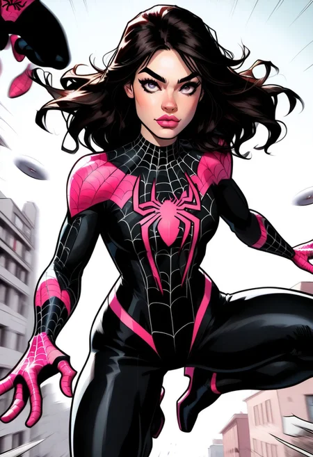 /Spider_Ayane/, pink lipstick, long black hair, medium breasts, portrait, black bodysuit with pink spider print, looking at viewer, pouty lips, pink eyes, dynamic pose, leaping into the air, web swinging, spiderman pose, full body shot, shoe soles