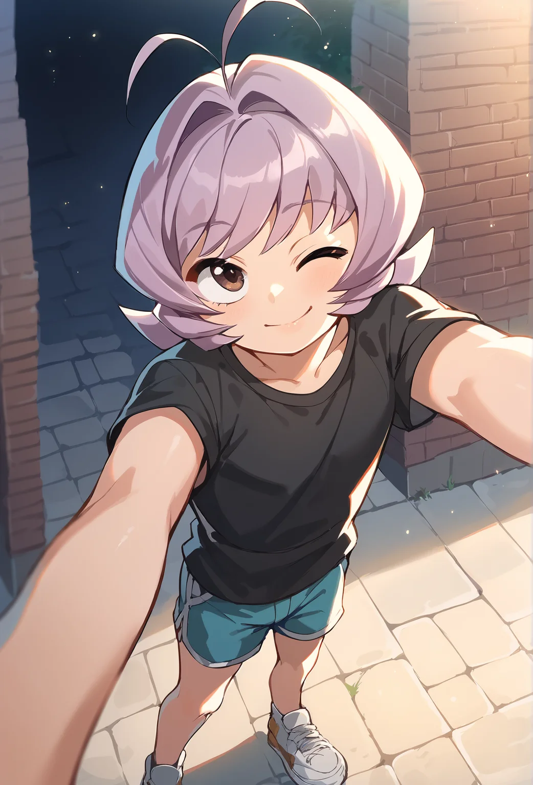 score_9, score_8_up, score_7_up, score_6_up, score_5_up, score_4_up, outdoors, spotlight, light particles, BREAK
<lora:osana_najimi_ponyxl_resized:1>osananajimi, 1other, 1boy, solo <lora:Styles for Pony Diffusion V6 XL (Smooth Anime 2):1>, selfie, pov, o3o, one eye closed, flat chest, from above, pavement, shirt, shorts