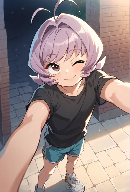 score_9, score_8_up, score_7_up, score_6_up, score_5_up, score_4_up, outdoors, spotlight, light particles, BREAK
<lora:osana_najimi_ponyxl_resized:1>osananajimi, 1other, 1boy, solo <lora:Styles for Pony Diffusion V6 XL (Smooth Anime 2):1>, selfie, pov, o3o, one eye closed, flat chest, from above, pavement, shirt, shorts