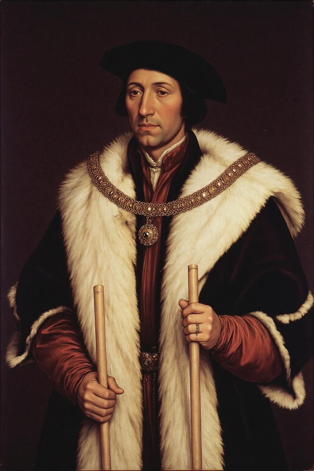 hansho1 painting
A man in grand, historical attire. The painting is a detailed, realistic portrait executed in an oil-on-canvas style typical of the period. The subject is dressed in a rich, elaborate outfit characteristic of nobility or high-ranking officials. He wears a black, fur-lined cape draped over his shoulders, with a plush, white fur visible at the edges and a red lining visible beneath. The cape is adorned with intricate, gold, beaded embroidery around the neck, adding a touch of opulence. He hold two staffs, one in each hand. <lora:hansho1_cap_d6a3e12:1.0><lora:816879389590522512:0>