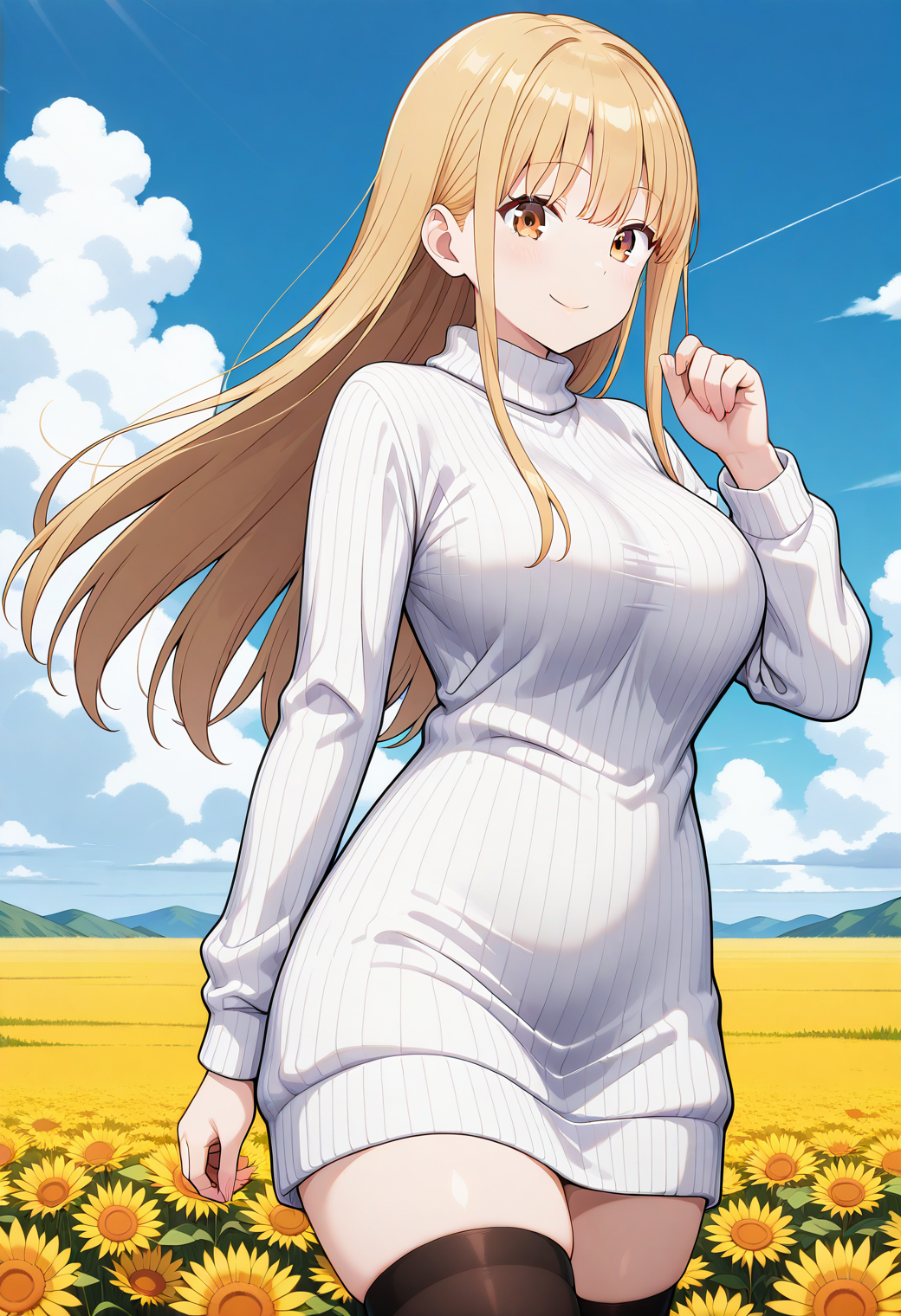 ruriko, brown eyes, blonde hair, long hair, sweater dress, white sweater, ribbed sweater, turtleneck, long sleeves, thighhighs, zettai ryouiki, <lora:ruriko_illustrious_ver1:0.8> 
smile,, masterpiece, best quality, general,, 1girl, solo, (field:1.2), (blue sky:1.2), looking at viewer,, (cowboy shot, dynamic pose:1.4),