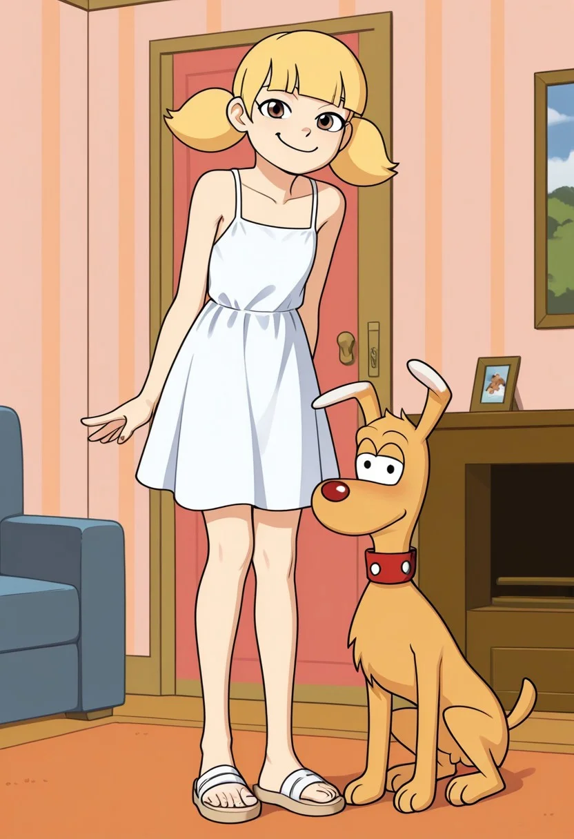 1girl, 1dog, score_7, score_8, score_9, interspecies couple girl with dog, 2d cartoon, shorty undersized skinny girl, well drawn, detailed,
Girl with short blonde hair, twintails,
Girl in white sundress, girl in sandals,
Male canine with brown fur, dog in dog collar,
Dog and girl,
Living room interior background,
Smirking smile,
Couple posing against viewer,