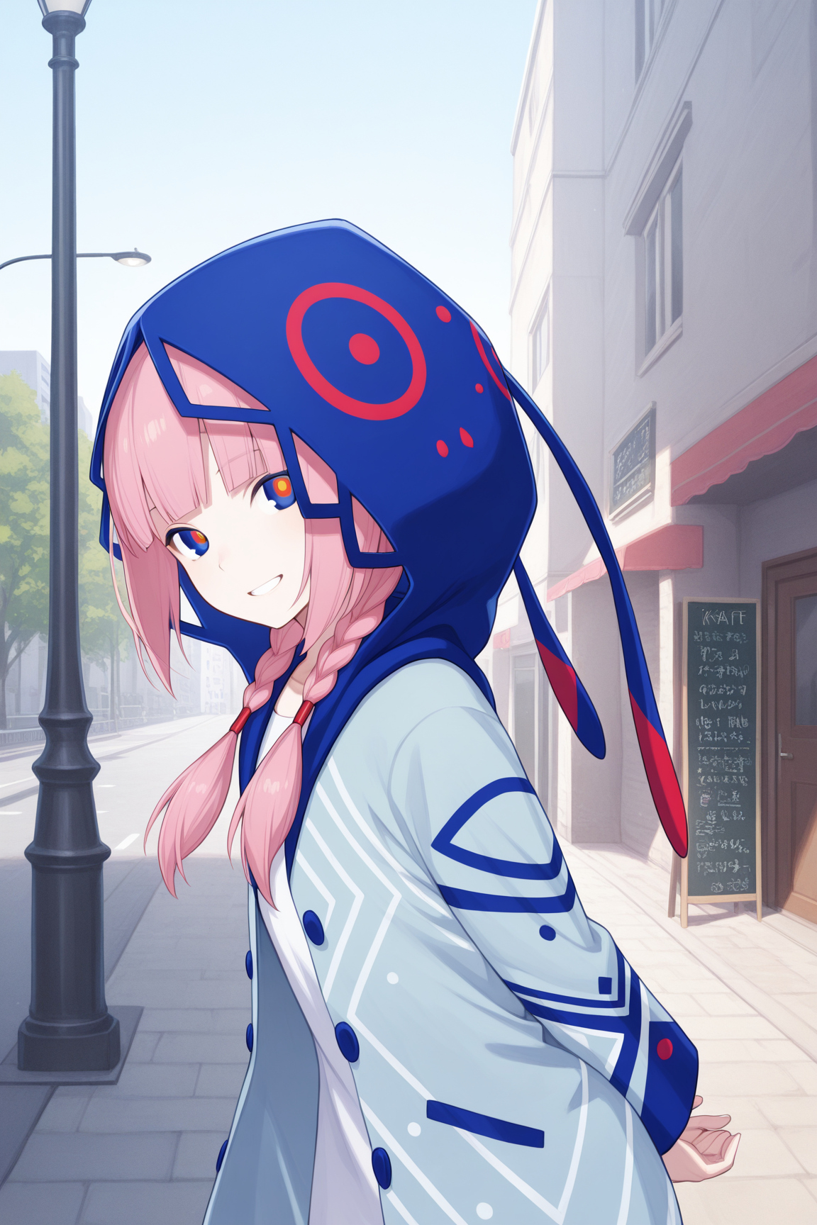 masterpiece, best quality, amazing quality, 

kaf \(kamitsubaki studio\), kamitsubaki studio, 1girl, multicolored eyes, blue eyes, red eyes, yellow eyes, pink hair, long hair, blunt bangs, sidelocks, low twin braids, white shirt, oversized shirt, blue jacket, hooded jacket, (hood down:0), long sleeves, (red pantyhose, white footwear, boots:0), 

outdoors, blue sky, city, building, sidewalk, road, lamppost, tree, window, door, signboard

1girl, hood up, upper body, from side, standing, head tilt, looking at viewer, smile, clenched teeth, leaning forward, arms behind back