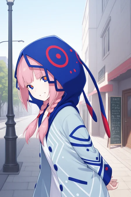 masterpiece, best quality, amazing quality, 

kaf \(kamitsubaki studio\), kamitsubaki studio, 1girl, multicolored eyes, blue eyes, red eyes, yellow eyes, pink hair, long hair, blunt bangs, sidelocks, low twin braids, white shirt, oversized shirt, blue jacket, hooded jacket, (hood down:0), long sleeves, (red pantyhose, white footwear, boots:0), 

outdoors, blue sky, city, building, sidewalk, road, lamppost, tree, window, door, signboard

1girl, hood up, upper body, from side, standing, head tilt, looking at viewer, smile, clenched teeth, leaning forward, arms behind back