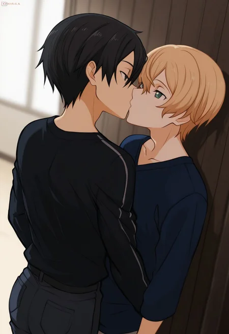 masterpiece, absurdres, high quality, perfect anatomy, Masterpiece, perfect anatomy, high quality, absurdres, Masterpiece, perfect anatomy, high quality, absurdres, 2boys, male focus, duo, kazuto_kirigaya, kirito, black hair, black eyes, short hair, hair between eyes, eugeo, green eyes, blonde hair, hair between eyes, cute boys, IdoraaD, kissing, cinematic, intricately detailed illustration, depth of field, masterpiece, best quality, amazing quality, very aesthetic, absurdres, newest, very awa,  shadow, dynamic angle, casual cosplay, dynamic pose,