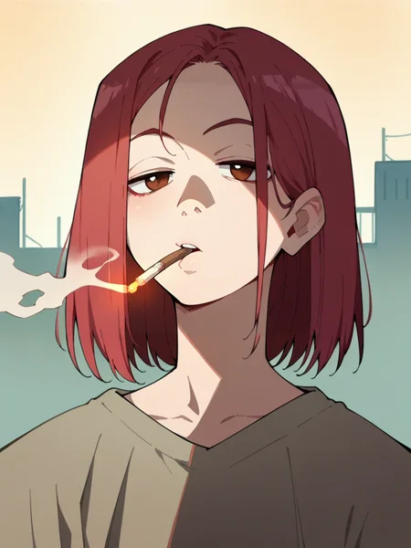 score_9, score_8_up, score_7_up, score_6_up, score_5_up, <lora:FLCLXLP:1> flcl, brown eyes, red hair, smoking, 1girl,