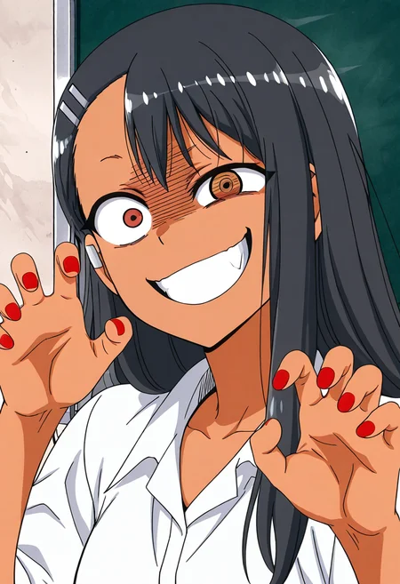 masterpiece, best quality, 1girl, solo, ,<lora:NagatoroIXL_v2:1.0>, zzNagatoro, grin, nail polish, looking at viewer, shirt, shaded face, smile, red nails, white shirt, collarbone, fingernails, portrait, smirk, claw pose, evil smile, constricted pupils, chalkboard, crazy eyes, evil grin, raised eyebrow, uneven eyes, earclip