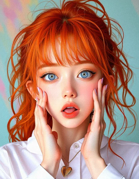An upper body image of a beautiful young lady with curly orange hair, hair over one eye, aqua eyes, and bold eyeliner. She has thick eyebrows and long eyelashes, long fingernails, and her lips are shiny and full. She wears an amulet heart, rimless eyewear, and a helix piercing. The extreme realism focuses on her detailed skin, showing fine textures and natural highlights.
The background is Swirling patterns of pastel colors creating a fluid marble effect.
Her outfit are Oversized button-up shirt dress
Subtle skin pores and natural texture on the face and neck, Realistic light reflections on the surface of the eyes, Slightly raised veins visible under the skin on the neck, Subtle veins visible on the eyelids under certain lighting, Realistic reflection of light on the glossy lips, following their curvature, Soft reflections on the necklace, enhancing its metallic look
Sticking her tongue out with both hands pulling at her cheeks, cheeful expression, doing silly face