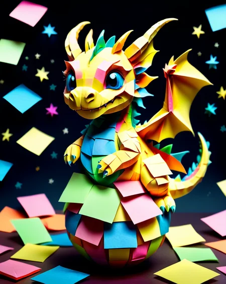 a small colorful cute baby dragon with tiny scales made out of Jed-StickyN, dynamic pose, dynamic angle, dark fantasy, intricate details, ultra wide shot, zoomed out, standing on a ball,
<lora:StickyNotesStyle:1>,  <lora:add-detail-xl:0.7>,  <lora:sd_xl_dpo_lora_v1:1>, <lora:xl_more_art-full_v1:0.3>,  set against a  background of a starry sky,