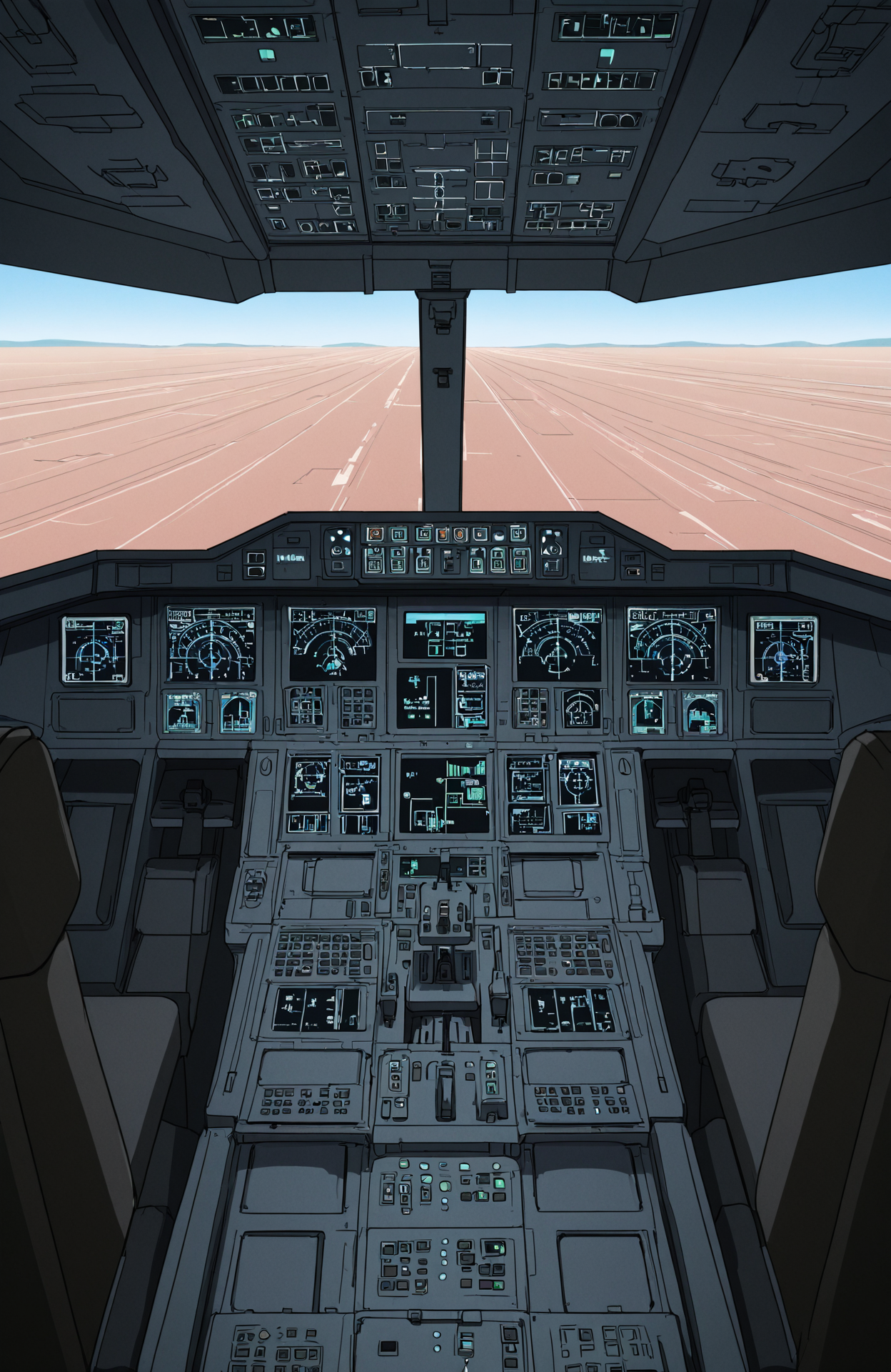 anime coloring, day, no humans, frmo behind,
<lora:[Concept - IL] A380 Cockpit (R2E10):0.6> a380cockpit,
navigation display, overhead panel, thrust lever, empty seats,