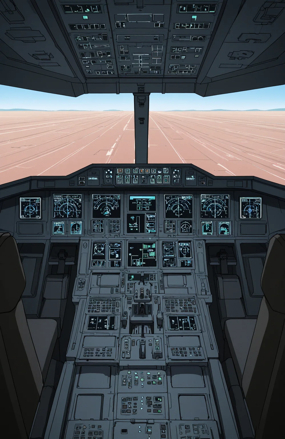 anime coloring, day, no humans, frmo behind,
<lora:[Concept - IL] A380 Cockpit (R2E10):0.6> a380cockpit,
navigation display, overhead panel, thrust lever, empty seats,