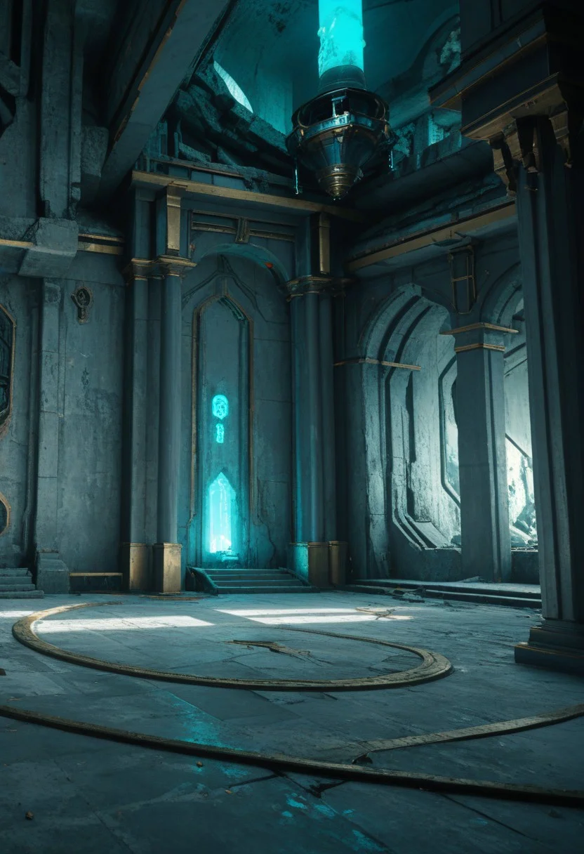 score_9, score_8_up, score_8,
cyberpunk, Albrecht, no humans,
temple, scenery, ruins, column, gate, gold ornament,
glowing, cyberpunk lab, blue glow,