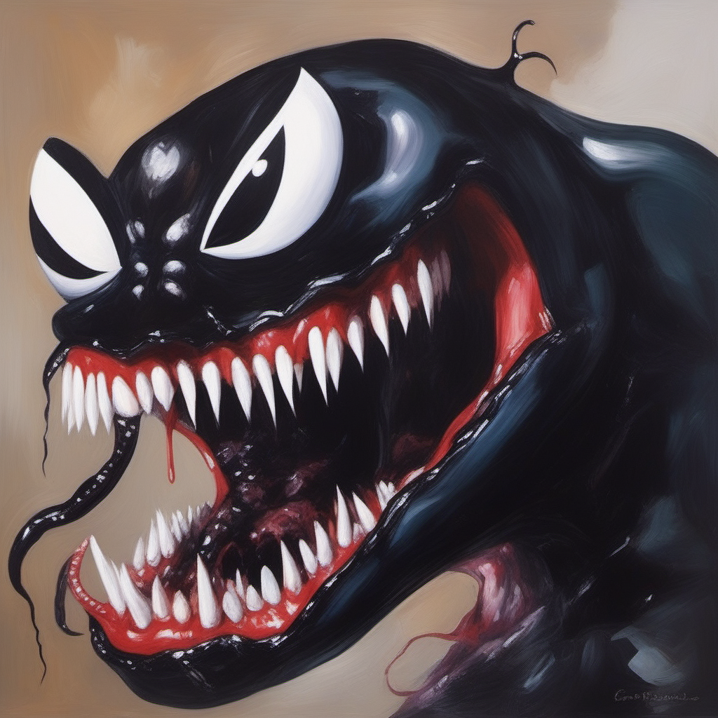 painting of Venom Symbiote with sharp teeth, George Condo Style, horror(theme),   <lora:MBTDF xl-000001:0.9>