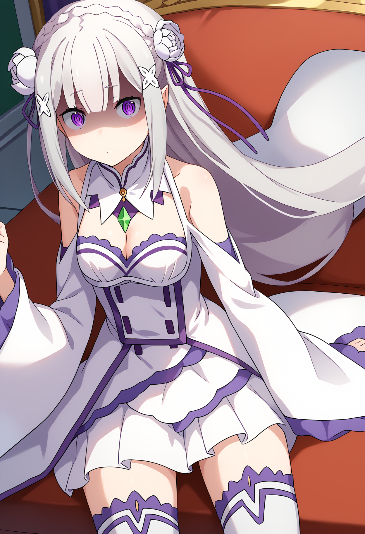 score_9, score_8_up, score_7_up, source_anime,
BREAK
1girl, solo, 
<lora:shiEmiliaV2:1> shimilia, long hair, grey hair, purple eyes, pointy ears, crown braid, hair flower, hair ribbon, purple ribbon, x hair ornament, white dress, cleavage, bare shoulders, wide sleeves, white thighhighs, thigh boots, 
<lora:shiShadedFaceV1:0.8>, shishadedface, shaded face,