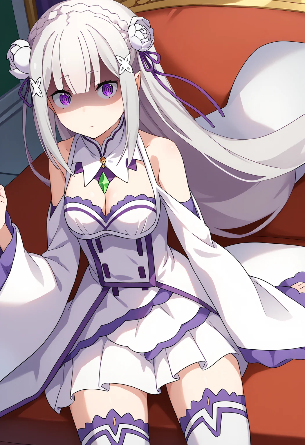 score_9, score_8_up, score_7_up, source_anime,
BREAK
1girl, solo,
<lora:shiEmiliaV2:1> shimilia, long hair, grey hair, purple eyes, pointy ears, crown braid, hair flower, hair ribbon, purple ribbon, x hair ornament, white dress, cleavage, bare shoulders, wide sleeves, white thighhighs, thigh boots,
<lora:shiShadedFaceV1:0.8>, shishadedface, shaded face,
